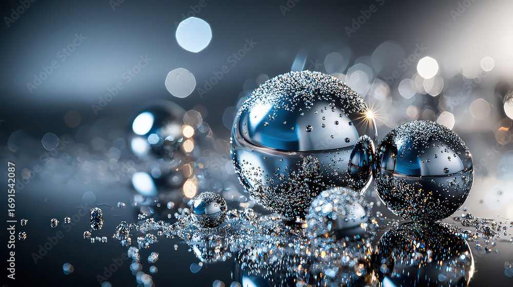 Poster shiny metallic spheres covered droplets reflect light, creating sparkling effect dark surface. compo