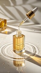Facial Oil Dropper Ad. Dropper of facial oil above white surface with reflection and shadow.