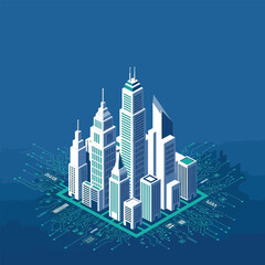 Fototapeta premium Isometric illustration of a futuristic cityscape with skyscrapers integrated into a circuit board.