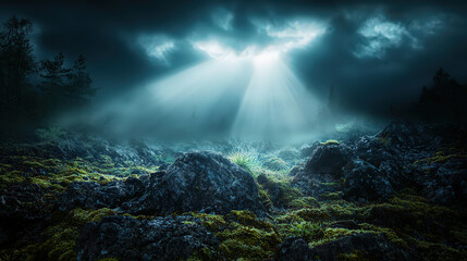 Naklejka premium Soft rays of light breaking through mist illuminate rocky terrain covered in moss, creating serene and mystical atmosphere