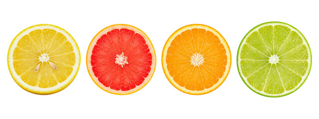 Obraz premium Four sliced citrus fruits arranged in a row on a transparent background
