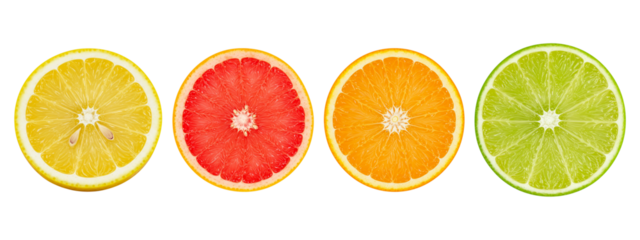 Four sliced citrus fruits arranged in a row on a transparent background