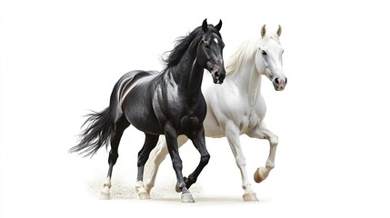 Obraz premium Two noble horses white and black standing still against.