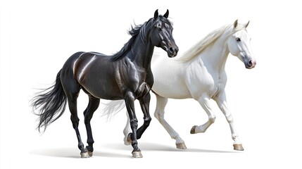 Fototapeta premium Two noble horses white and black standing still against.