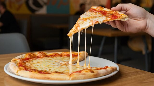 Delicious cheese pizza being pulled apart, showcasing gooey, melted cheese as a slice is lifted off a fresh pizza, perfect for a casual meal or party.