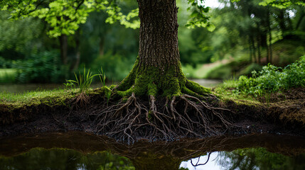 Fototapeta premium Majestic tree with moss covered roots stands by serene water body, surrounded by lush greenery, symbolizing nature beauty and resilience