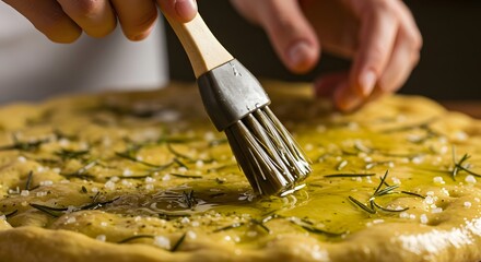 A person brushing olive oil onto a freshly prepared focaccia dough topped with rosemary and salt