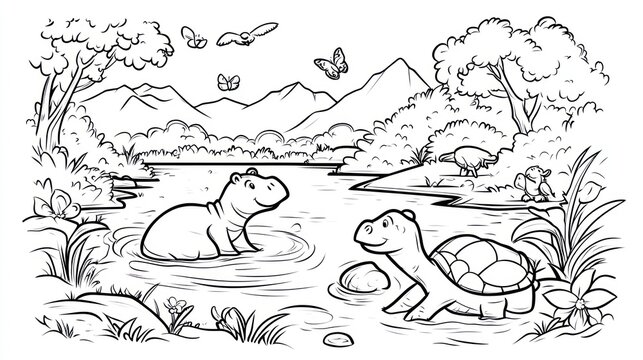 Black and white hippopotamus and turtle in landscape - Powered by Adobe