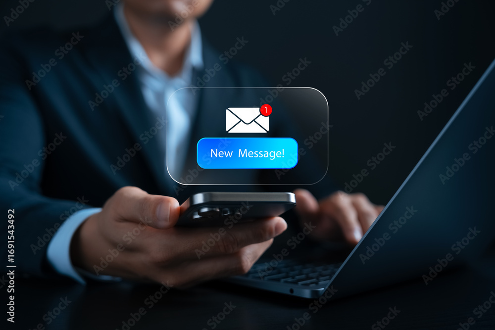 Poster new message notification concept on smartphone. businessman receiving email alert with digital inter