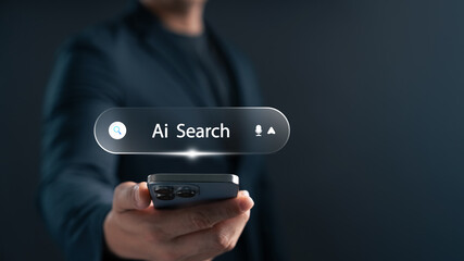 AI search technology with smart voice and text input. Man holding smartphone with virtual search...