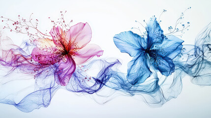 Fototapeta premium Translucent floral fragments in vibrant pink and blue hues create minimalistic and artistic composition, evoking sense of beauty and tranquility