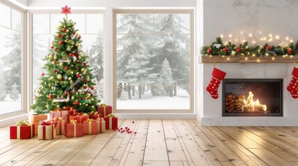 Festive Christmas Tree Decorated with Ornaments and Gifts in Cozy Living Room