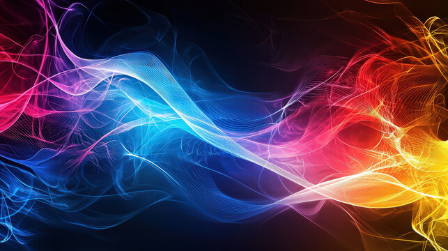 Vibrant lines of light pulsating in synchrony create mesmerizing visual effect, blending colors of blue, red, and pink in dynamic display