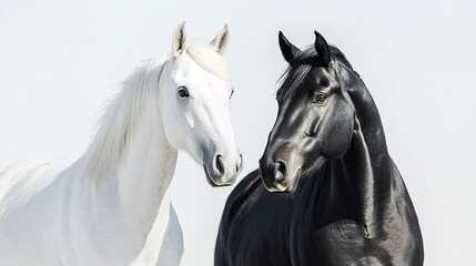 Obraz premium Two noble horses white and black standing still against.