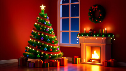 3D illustration of warm living room decoration for Christmas