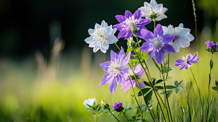Beautiful wildflowers in pale lavender and soft cream tones create serene atmosphere in lush green field