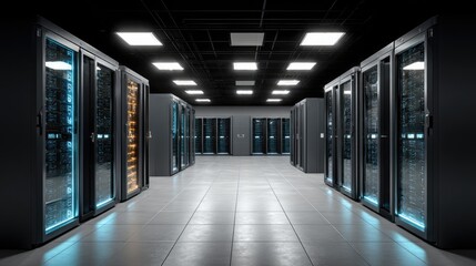 Fototapeta premium View down a server room hallway filled with racks of black servers with glowing blue and orange lights. Tiled floors and ceiling panels