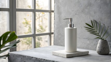 Lotion Pump Minimalist. Minimal lotion pump on concrete gray background with soft light.