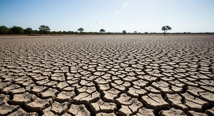 Arid landscape featuring cracked earth depicting drought conditions and scarce vegetation under a clear sky environment
