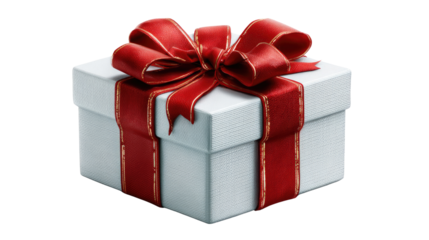 Festive Gift Box: A pristine white gift box, adorned with a rich red ribbon and bow, symbolizes the spirit of giving and celebration. Perfect for representing joyous occasions, presents.