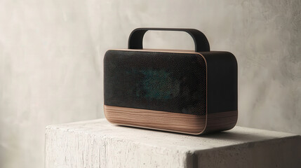 Portable Bluetooth speaker with modern design featuring sleek black and wood finish, perfect for music lovers