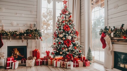 Festive Christmas Tree Decorated with Red Poinsettias and Ornaments in Cozy Living Room with Fireplace and Wrapped Gifts