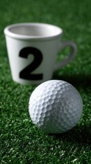 Naklejka premium A close-up of a textured golf ball on green artificial turf with a white mug, labeled with a black number 2, blurred in the background