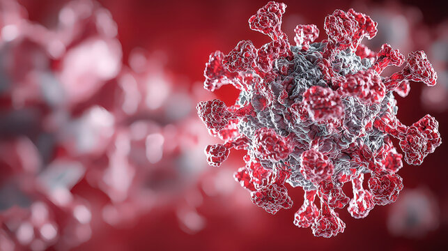 Detailed illustration of virus structure, showcasing intricate details and textures in red and gray tones, representing microscopic view