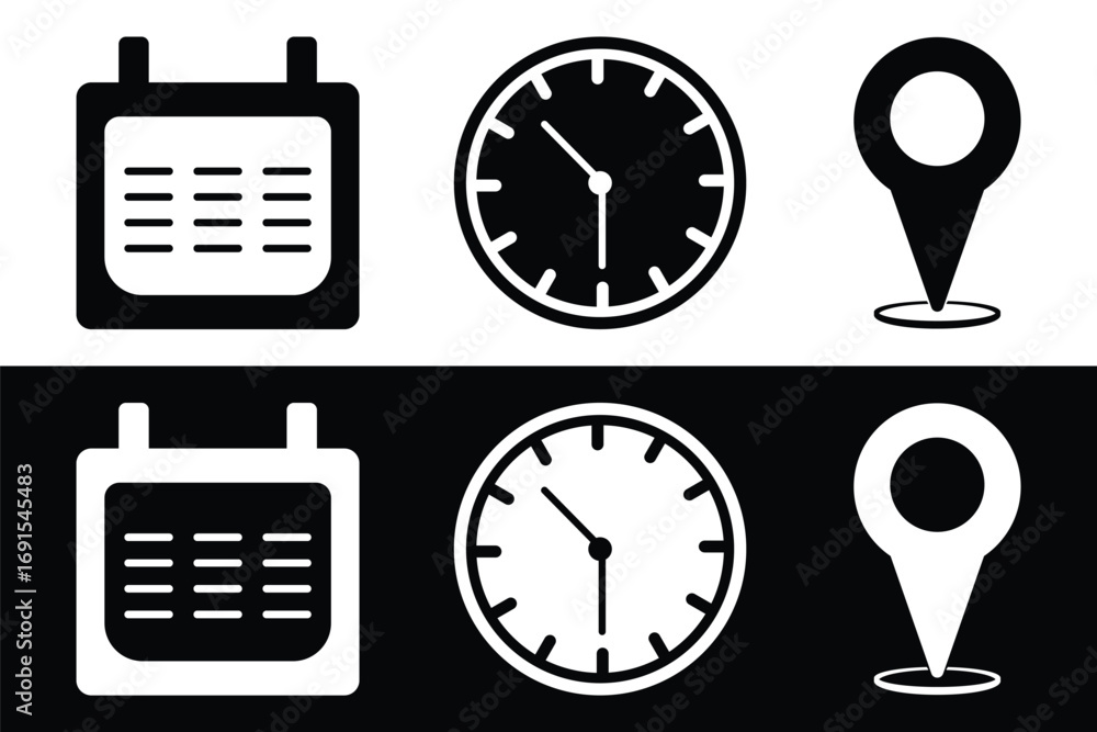 Fototapete address time date icons set. address location icon. clock icon. calendar icon. set of icons represen