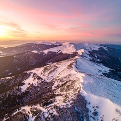 cinematic drone shot of a serene, snowy mountain range at sunset, 