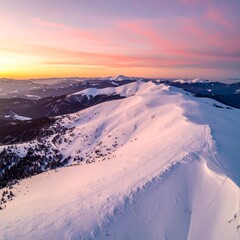 cinematic drone shot of a serene, snowy mountain range at sunset, 