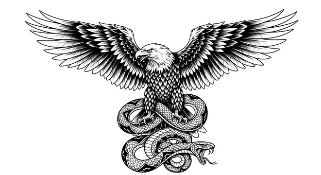 Eagle Descending on Snake a Symbol of Power and Victory Tattoo Design in Black and White - Powered by Adobe