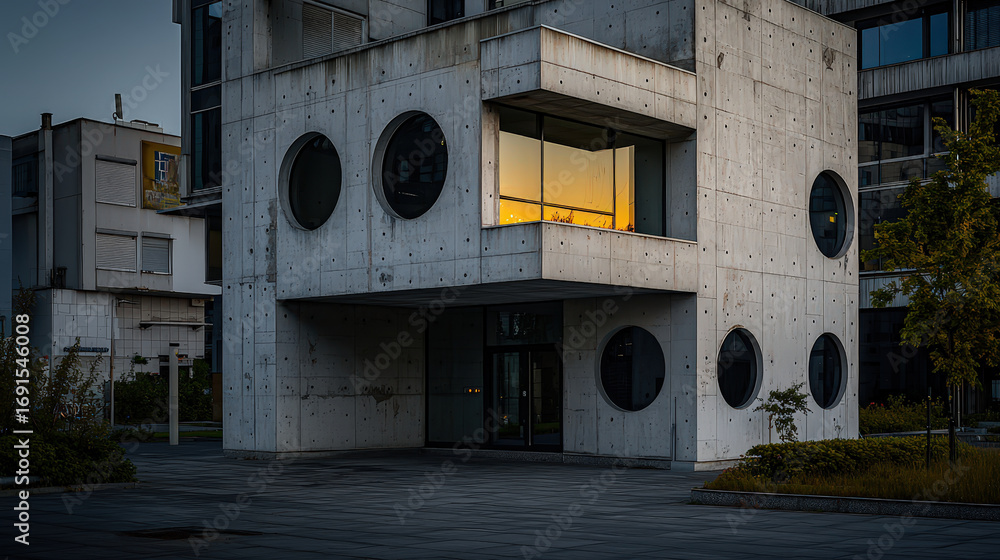 Fototapete minimalist structure with circular windows and angular design, showcasing modern architecture at dus