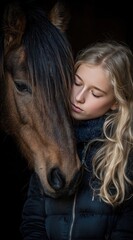 Fototapeta premium Young woman rests her head against a brown horse's face, both bathed in soft light. Black background emphasizes the connection