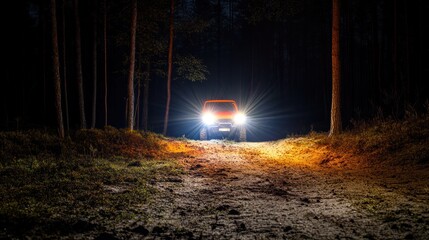 Orange car on dark forest road at night