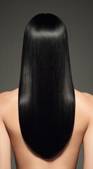 Naklejka premium Back view of a woman with long, straight, shiny black hair cascading down her back, set against a neutral gray background, shoulders bare