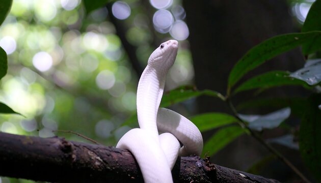 Albino snake coiled on branch, jungle - Powered by Adobe