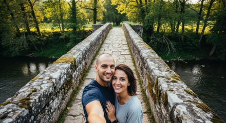 A couple taking a selfie on a stone bridge over a river in a lush green forest.
