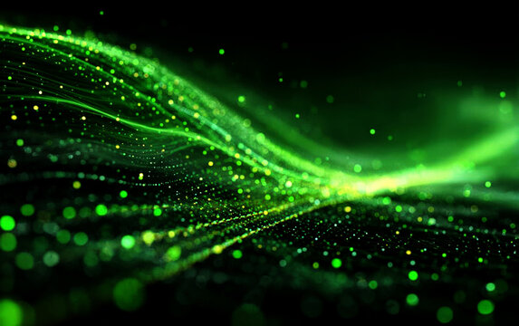 Green Abstract Wavy Lines with Glowing Particles