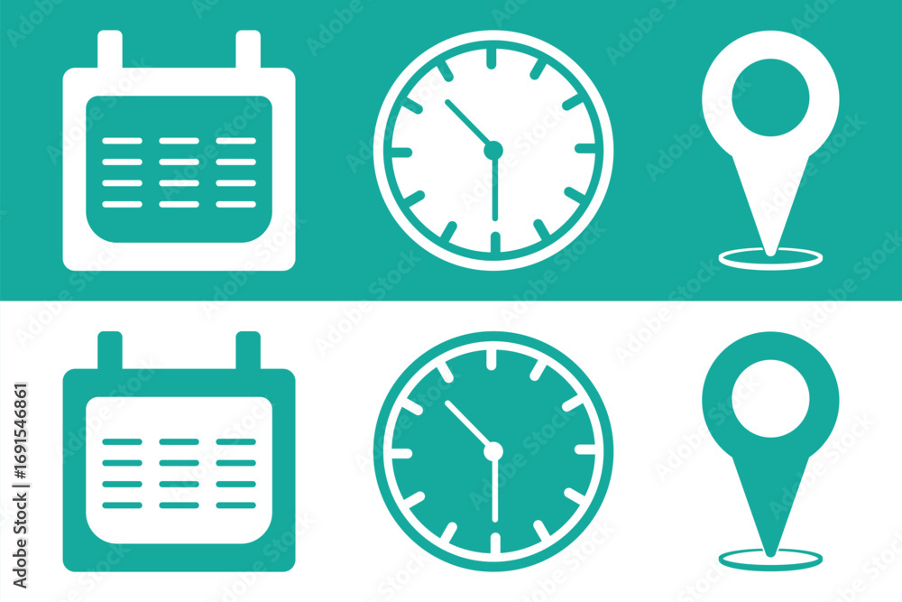 Fototapete address time date icons set. address location icon. clock icon. calendar icon. set of icons represen