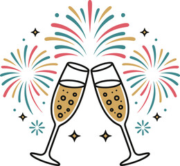 Festive Toast with Fireworks A Joyful Clinking of Champagne Glasses Amidst Bursting Pyrotechnics for Celebratory Occasions and New Beginnings