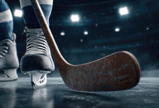 A close-up perspective of hockey skates and a stick resting on the ice in a stadium. Backlit by arena lights, a sense of anticipation fills the scene