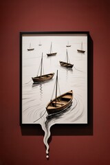 A surreal, simple frame in a dark red wall shows artwork of boats drifting on calm ink river spilling outward gently.