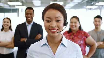 Smiling call center agent wears headset, stands in front of diverse team in office with white, bright lighting, modern decor