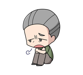 体育座りで溜息をつく高齢男性のイラスト