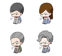 体育座りで溜息をつく大人のイラスト4種類セット