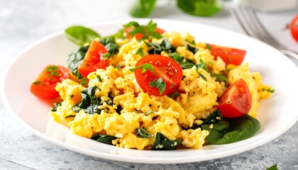 Fluffy scrambled eggs with spinach and cherry tomatoes