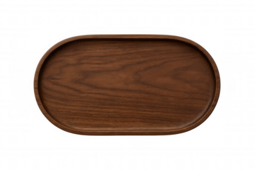 Top view of an elegant, empty oval wooden tray, perfect for showcasing food or decorative items on a transparent background
