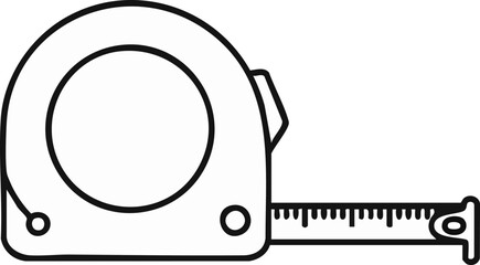 A clean black and white line art illustration depicts a retractable tape measure, perfect for projects related to construction, DIY, and accurate measurement.