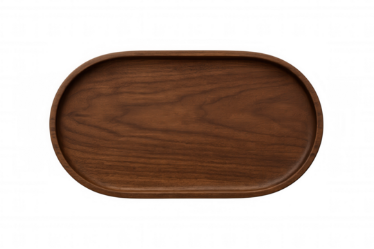 Top view of an elegant, empty oval wooden tray, perfect for showcasing food or decorative items on a transparent background - Powered by Adobe